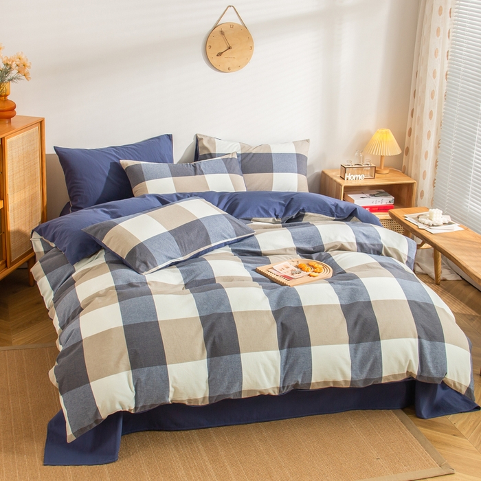 91家纺网 家纺一手货源 找家纺 柠萌家居 2024新款无印风A类全棉色织水洗棉四件套 蓝调格