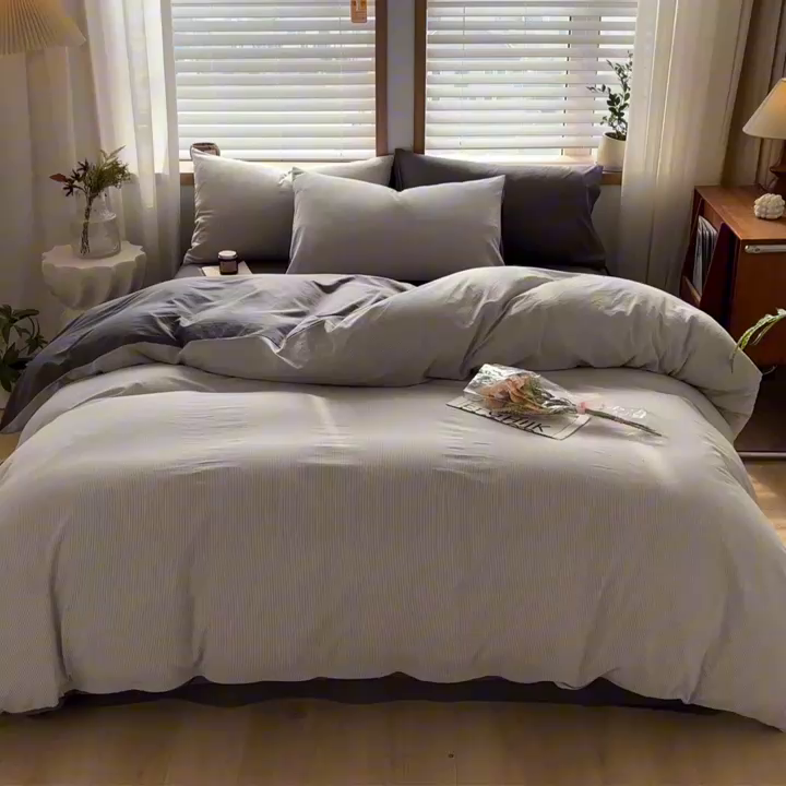 91家纺网 家纺一手货源 找家纺 柠萌家居 2024新款无印风A类全棉色织水洗棉四件套 灰密条纹