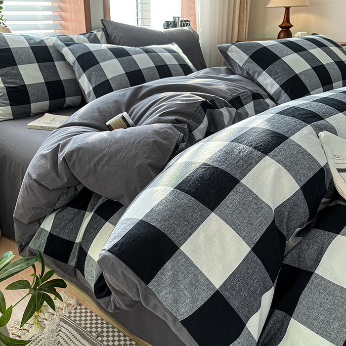 91家纺网 家纺一手货源 找家纺 柠萌家居 2024新款无印风A类全棉色织水洗棉四件套 留恋时光-黑