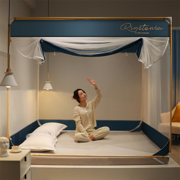 91家纺网 家纺一手货源 找家纺 佳梦家纺 2023新款方顶印花坐床蚊帐 恋家-蓝