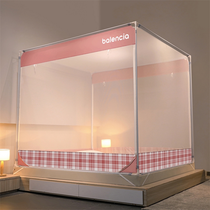 91家纺网 家纺一手货源 找家纺 佳梦家纺 2023新款方顶印花坐床蚊帐 夏日粉