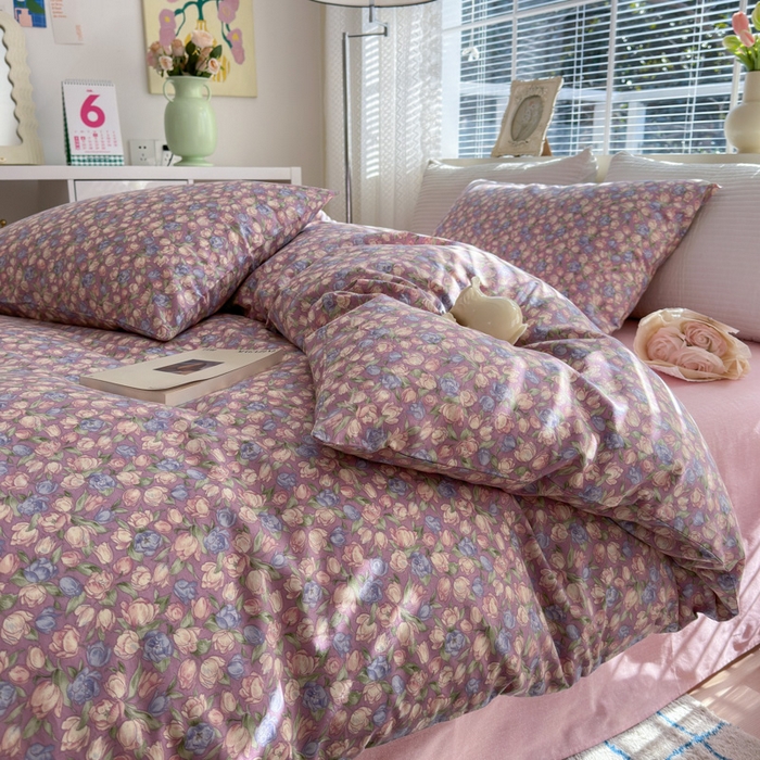 91家纺网 家纺一手货源 找家纺 怡家居 2024新款全棉印花第二批碎花类四件套 花沫-紫