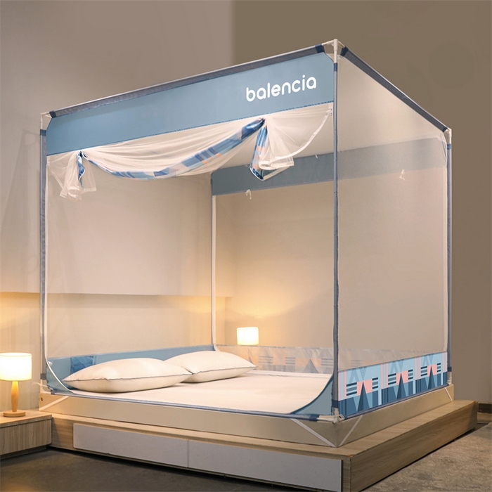 91家纺网 家纺一手货源 找家纺 佳梦家纺 2023新款方顶印花坐床蚊帐 微雨蓝