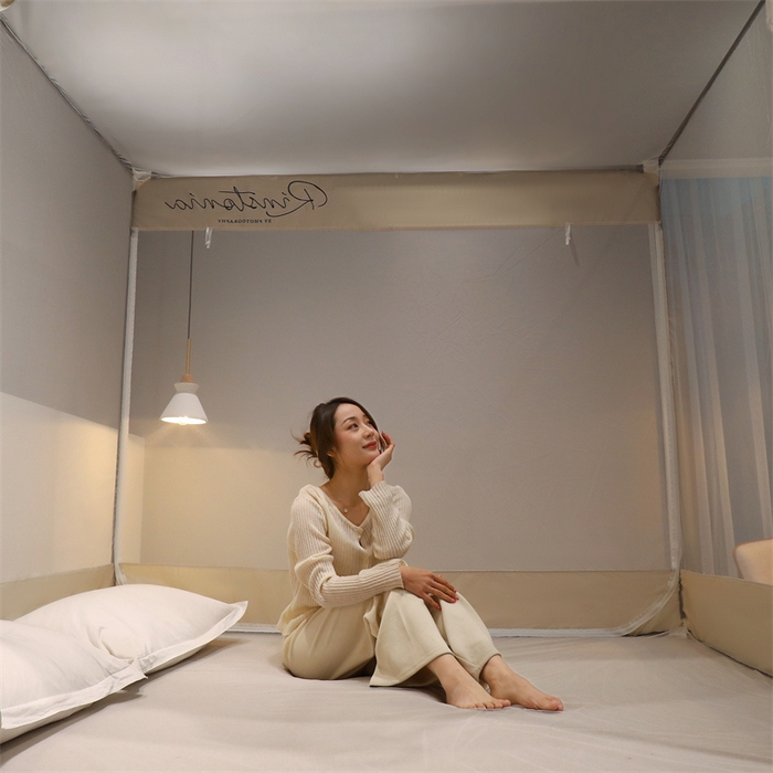 91家纺网 家纺一手货源 找家纺 佳梦家纺 2023新款方顶印花坐床蚊帐 恋家-米色