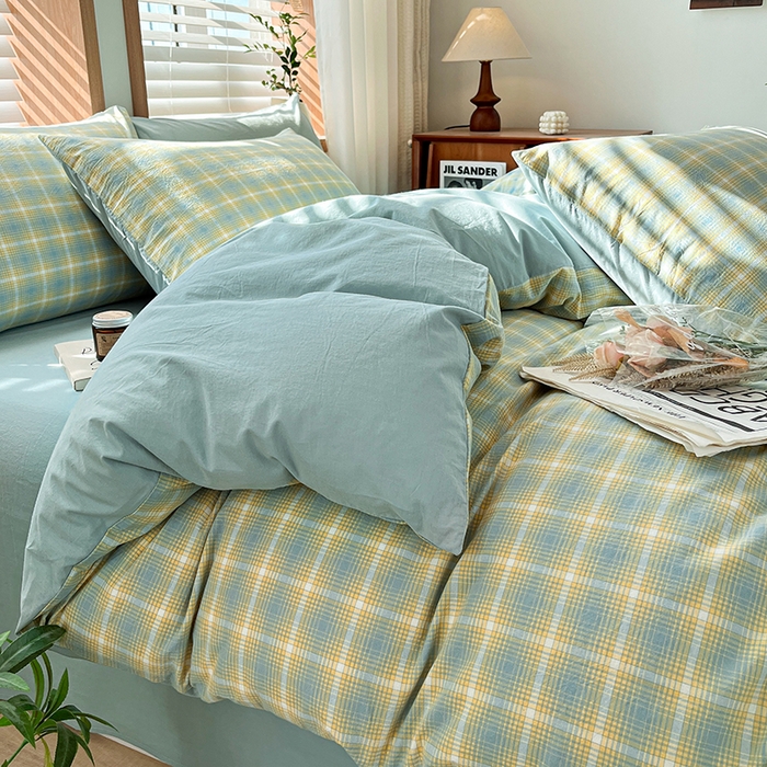 91家纺网 家纺一手货源 找家纺 柠萌家居 2024新款无印风A类全棉色织水洗棉四件套 舒雅风情-黄