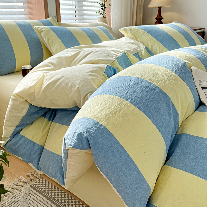 91家纺网 家纺一手货源 找家纺 柠萌家居 2024新款无印风A类全棉色织水洗棉四件套 初享时光-兰