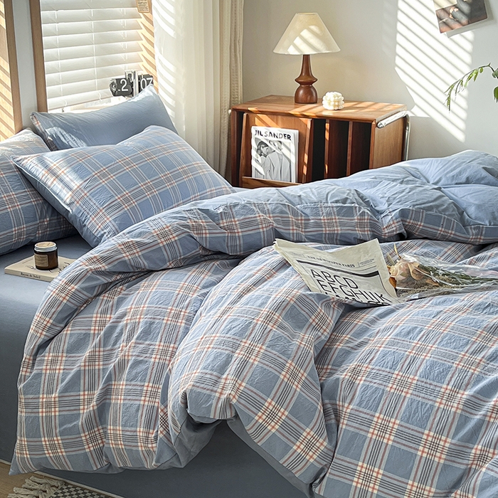 91家纺网 家纺一手货源 找家纺 柠萌家居 2024新款无印风A类全棉色织水洗棉四件套 麦凯-蓝