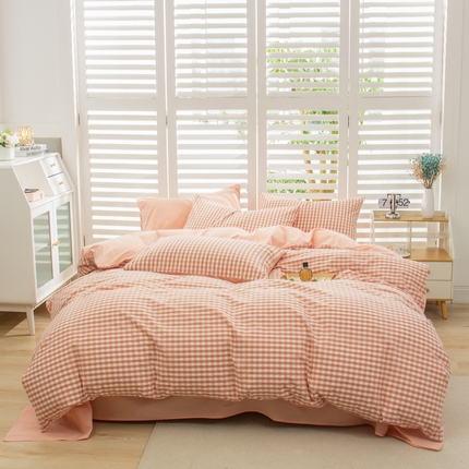 柠萌家居 2024新款无印风A类全棉色织水洗棉四件套 蜜粉格