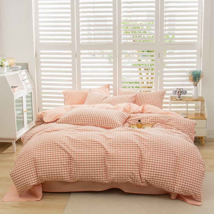 91家纺网 家纺一手货源 找家纺 柠萌家居 2024新款无印风A类全棉色织水洗棉四件套 蜜粉格