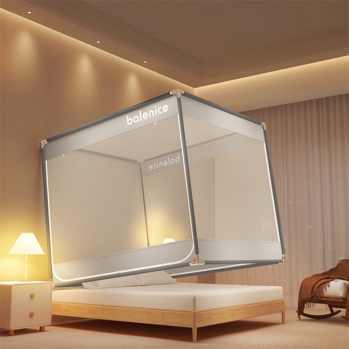 91家纺网 家纺一手货源 找家纺 佳梦家纺 2024新款方顶坐床蚊帐系列 光年系列 光年灰