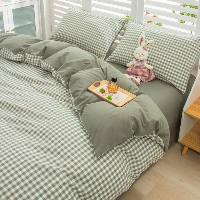 91家纺网 家纺一手货源 找家纺 柠萌家居 2024新款无印风A类全棉色织水洗棉四件套 小格绿