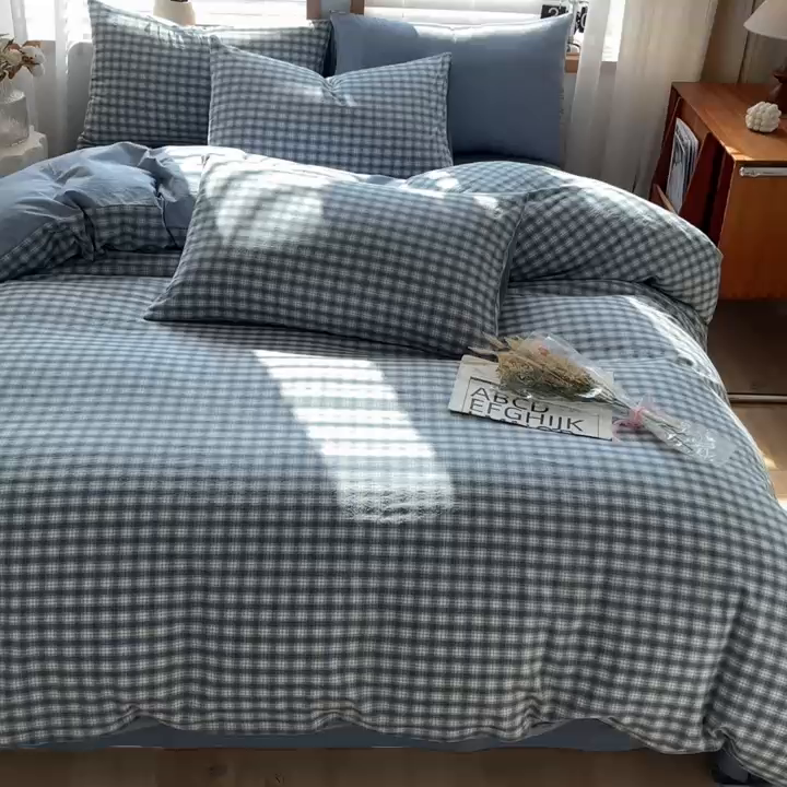 91家纺网 家纺一手货源 找家纺 柠萌家居 2024新款无印风A类全棉色织水洗棉四件套 尚品-蓝