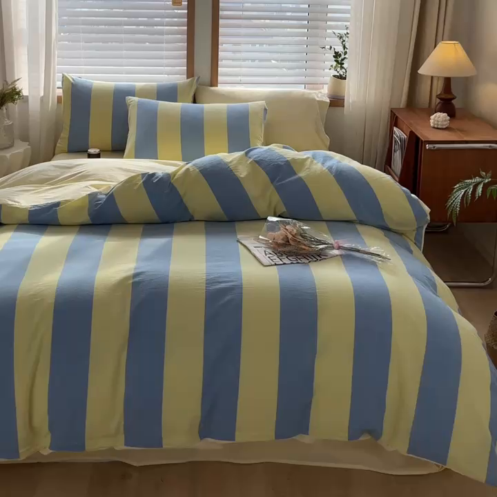 91家纺网 家纺一手货源 找家纺 柠萌家居 2024新款无印风A类全棉色织水洗棉四件套 初享时光-兰