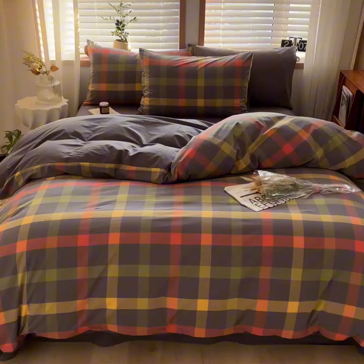 91家纺网 家纺一手货源 找家纺 柠萌家居 2024新款无印风A类全棉色织水洗棉四件套 雅蒂-灰