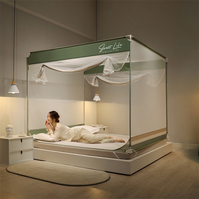 91家纺网 家纺一手货源 找家纺 佳梦家纺 2023新款方顶印花坐床蚊帐 知夏-香草绿