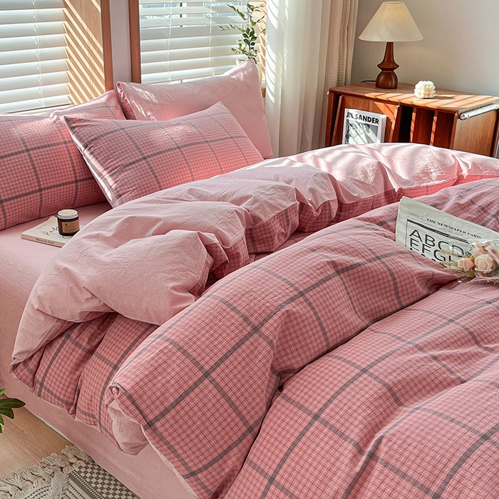 91家纺网 家纺一手货源 找家纺 柠萌家居 2024新款无印风A类全棉色织水洗棉四件套 尚品-粉