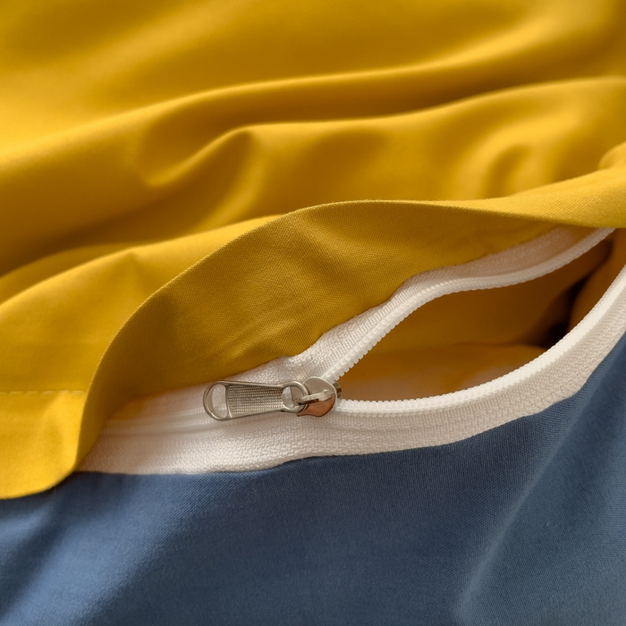 91家纺网 家纺一手货源 找家纺 蓝淋 2024新春款日式简约婴儿可以啃咬的超柔混搭水洗棉四件套 姜黄+蓝灰