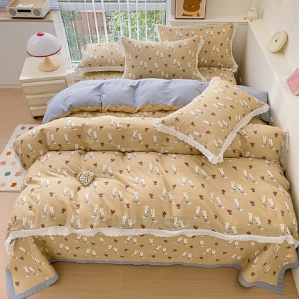 羽爱家纺 2024新款A类双层纱棉花芯床盖套件 乖乖兔