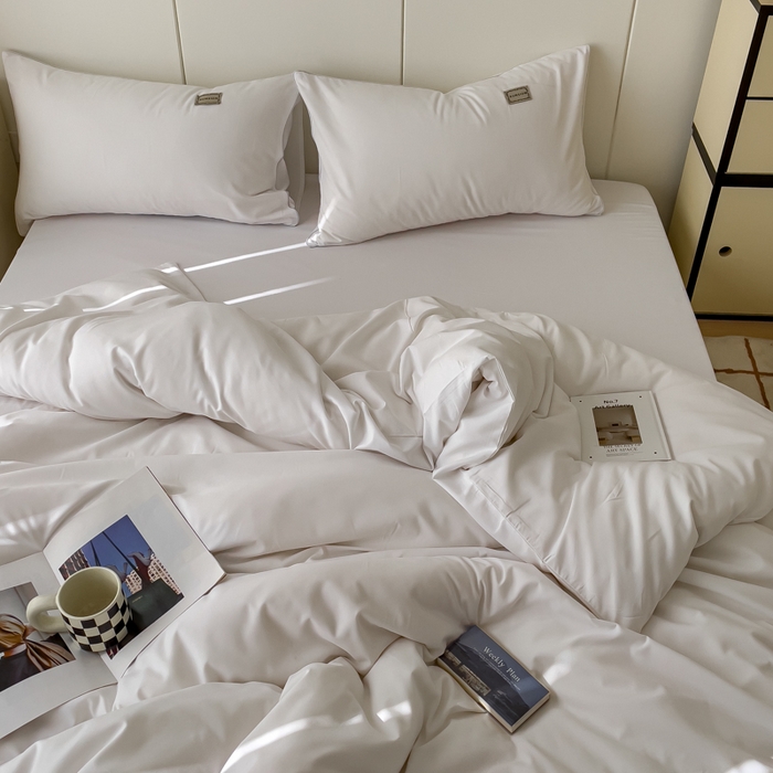 91家纺网 家纺一手货源 找家纺 蓝淋 2024新春款日式简约婴儿可以啃咬的超柔混搭水洗棉四件套 米白