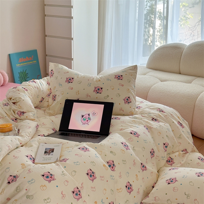 91家纺网 家纺一手货源 找家纺 时年 2024新款全棉双层纱四件套-宝可梦系列 小胖丁