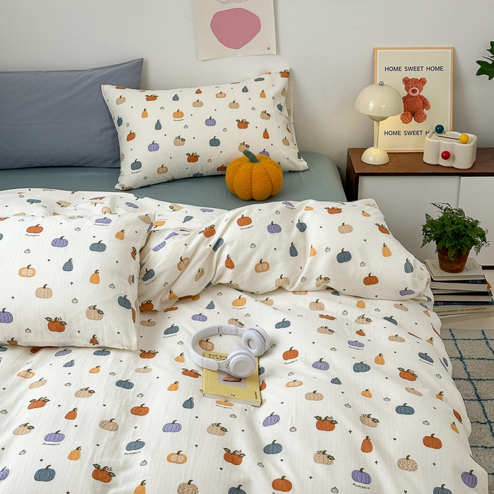 91家纺网 家纺一手货源 找家纺 优彩 2025新款全棉双层纱四件套 南瓜派