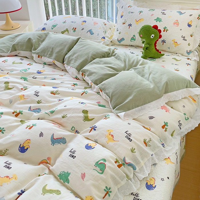 91家纺网 家纺一手货源 找家纺 羽爱家纺 2024新款双层纱棉花芯床盖套件 恐龙园