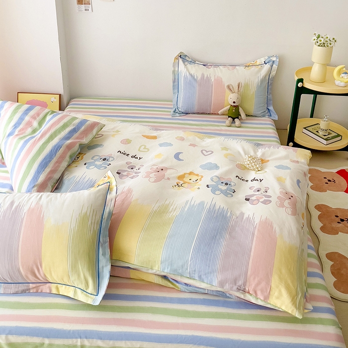 91家纺网 家纺一手货源 找家纺 乐童家纺 2024新款直播爆款13070纯棉印花吊边款一字绣四件套 萌系新宠