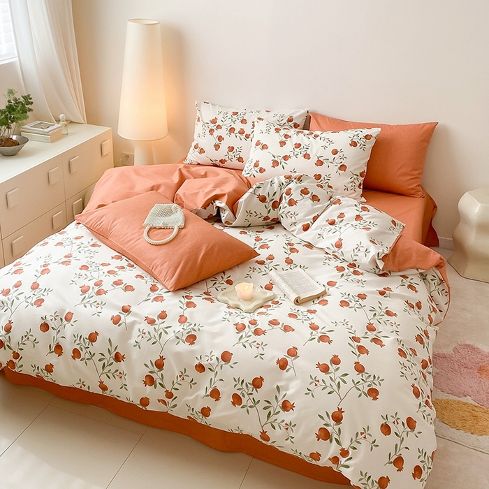 91家纺网 家纺一手货源 找家纺 宜家坊 2024新款全棉喷气13070小清新印花四件套-拍摄一 红了石榴