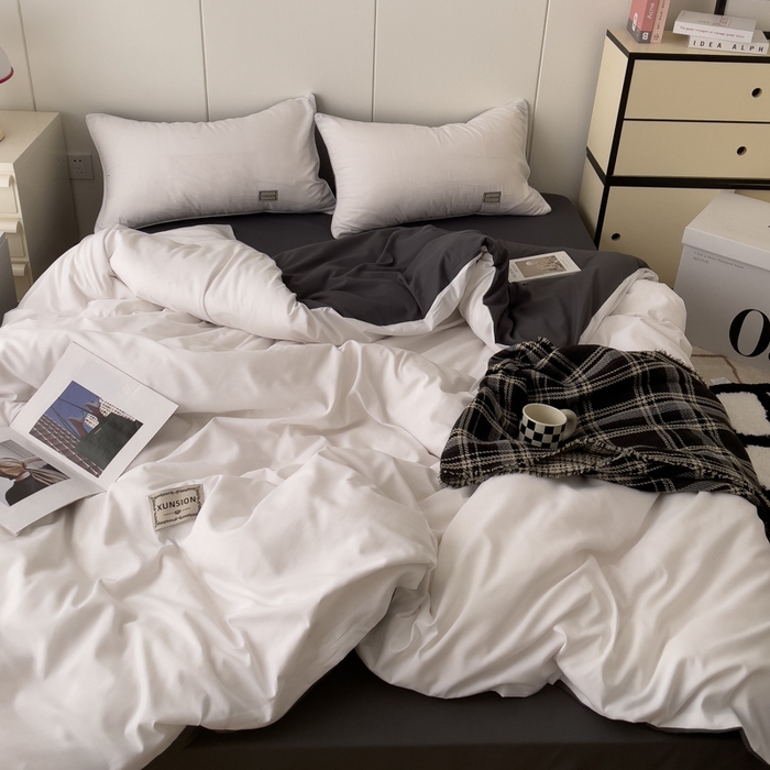 91家纺网 家纺一手货源 找家纺 蓝淋 2024新春款日式简约婴儿可以啃咬的超柔混搭水洗棉四件套 米白+深灰