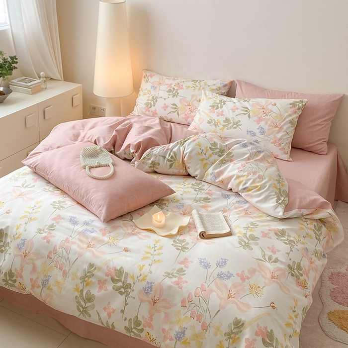 91家纺网 家纺一手货源 找家纺 宜家坊 2024新款全棉喷气13070小清新印花四件套-拍摄一 浮春绘