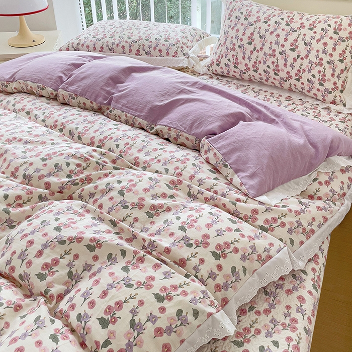 91家纺网 家纺一手货源 找家纺 羽爱家纺 2024新款A类双层纱棉花芯床盖套件 繁花