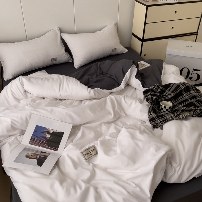 91家纺网 家纺一手货源 找家纺 蓝淋 2024新春款日式简约婴儿可以啃咬的超柔混搭水洗棉四件套 米白+深灰