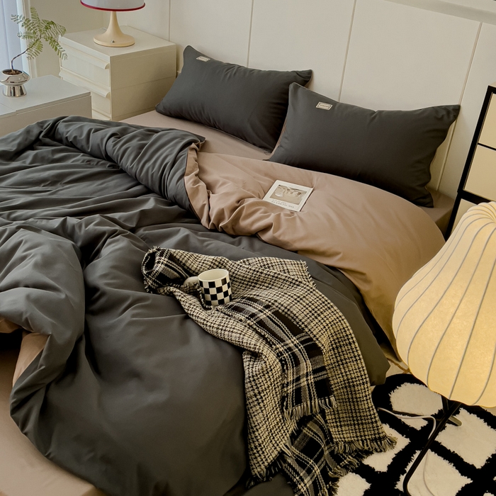 91家纺网 家纺一手货源 找家纺 蓝淋 2024新春款日式简约婴儿可以啃咬的超柔混搭水洗棉四件套 深灰+驼灰