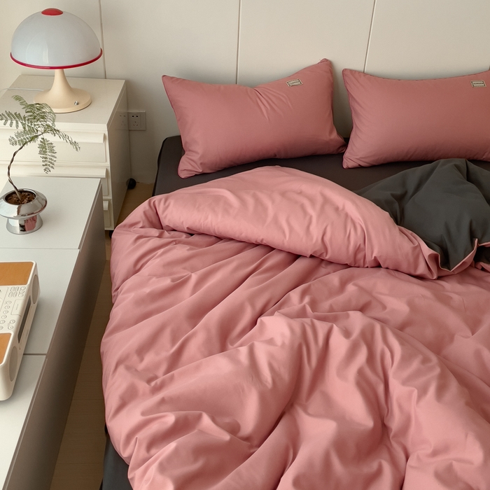 91家纺网 家纺一手货源 找家纺 蓝淋 2024新春款日式简约婴儿可以啃咬的超柔混搭水洗棉四件套 豆沙+深灰