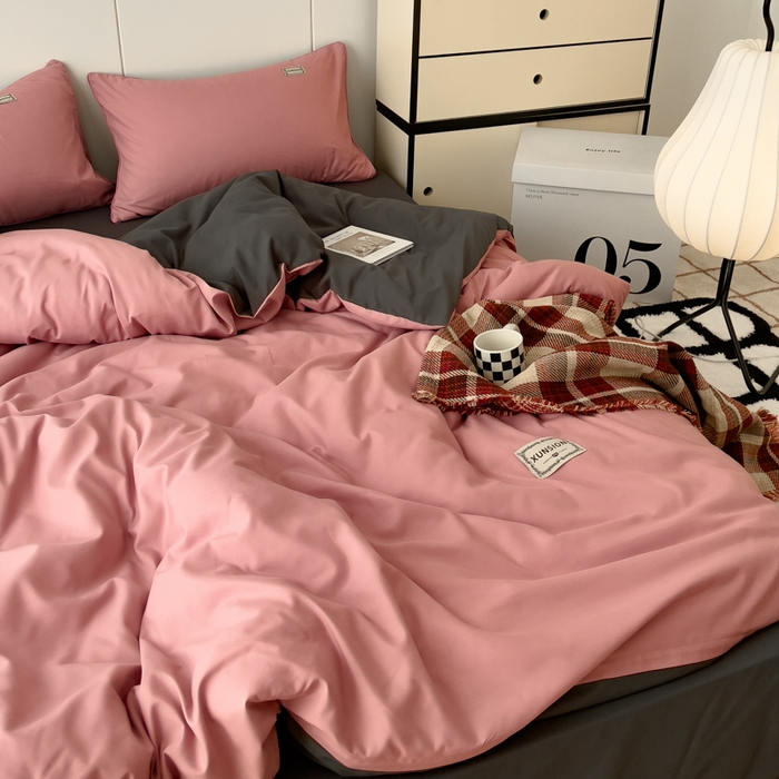 91家纺网 家纺一手货源 找家纺 蓝淋 2024新春款日式简约婴儿可以啃咬的超柔混搭水洗棉四件套 豆沙+深灰