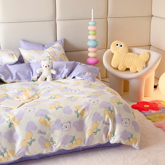 91家纺网 家纺一手货源 找家纺 宜家坊 2024新款全棉喷气13070小清新印花四件套-拍摄一 熊噜噜爱果子