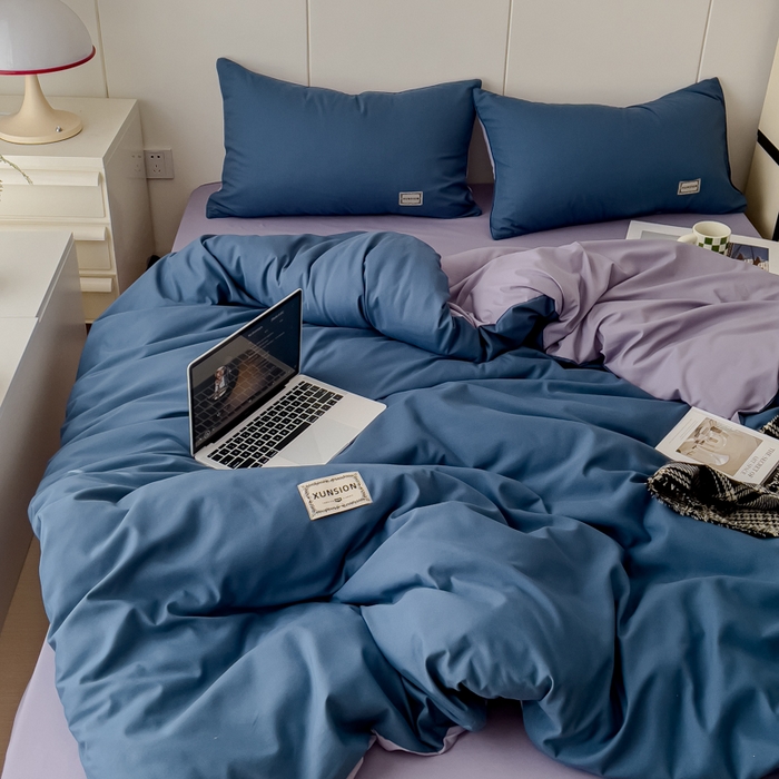 91家纺网 家纺一手货源 找家纺 蓝淋 2024新春款日式简约婴儿可以啃咬的超柔混搭水洗棉四件套 蓝灰+浅紫