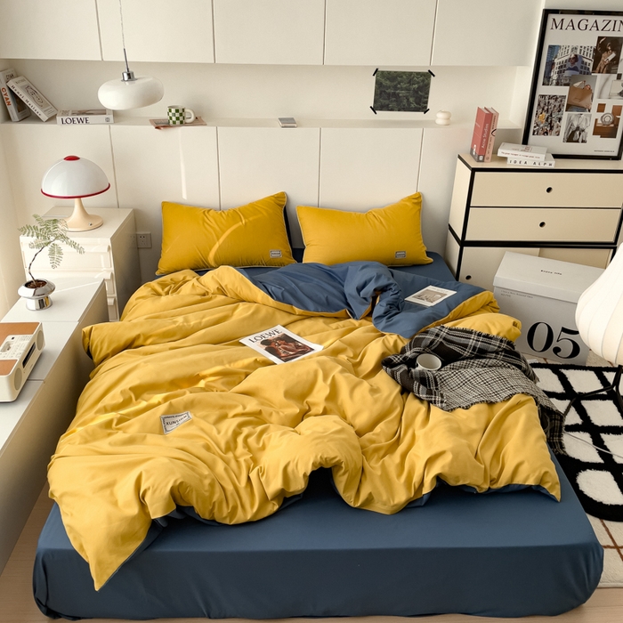 91家纺网 家纺一手货源 找家纺 蓝淋 2024新春款日式简约婴儿可以啃咬的超柔混搭水洗棉四件套 姜黄+蓝灰