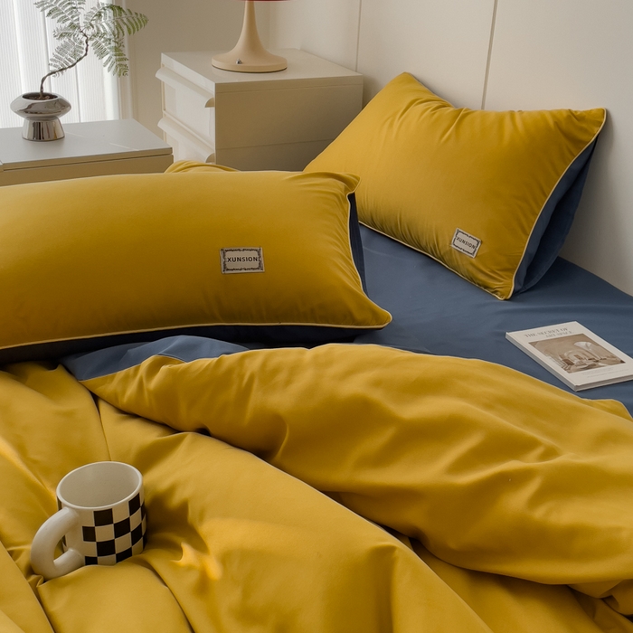 91家纺网 家纺一手货源 找家纺 蓝淋 2024新春款日式简约婴儿可以啃咬的超柔混搭水洗棉四件套 姜黄+蓝灰