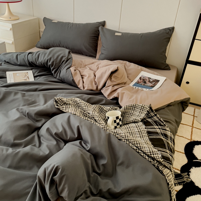 91家纺网 家纺一手货源 找家纺 蓝淋 2024新春款日式简约婴儿可以啃咬的超柔混搭水洗棉四件套 深灰+驼灰