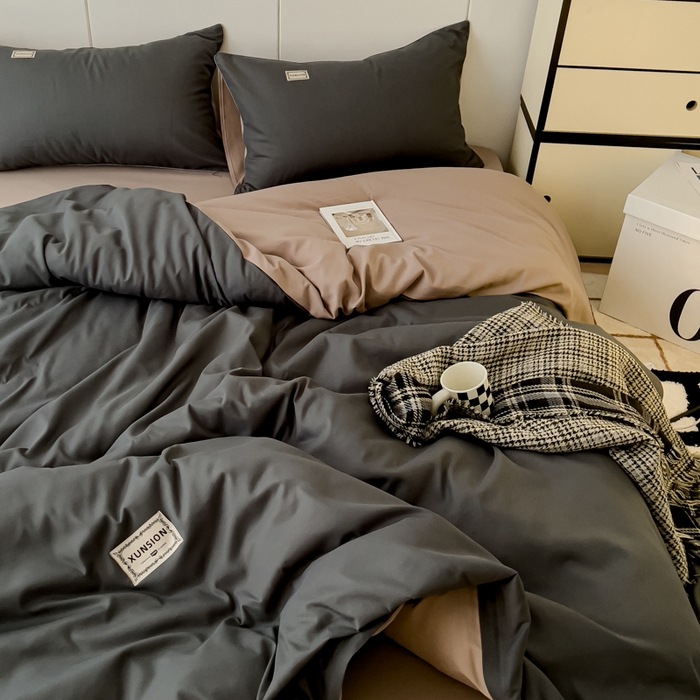 91家纺网 家纺一手货源 找家纺 蓝淋 2024新春款日式简约婴儿可以啃咬的超柔混搭水洗棉四件套 深灰+驼灰