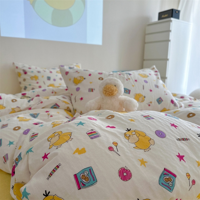 91家纺网 家纺一手货源 找家纺 时年 2024新款全棉双层纱四件套-宝可梦系列 可达鸭呀