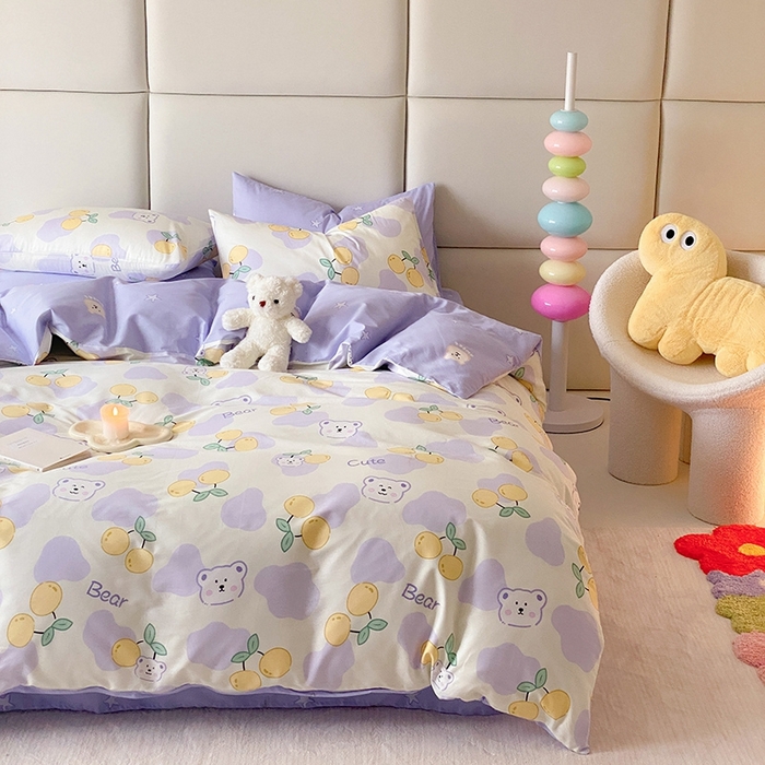 91家纺网 家纺一手货源 找家纺 宜家坊 2024新款全棉喷气13070小清新印花四件套-拍摄一 熊噜噜爱果子