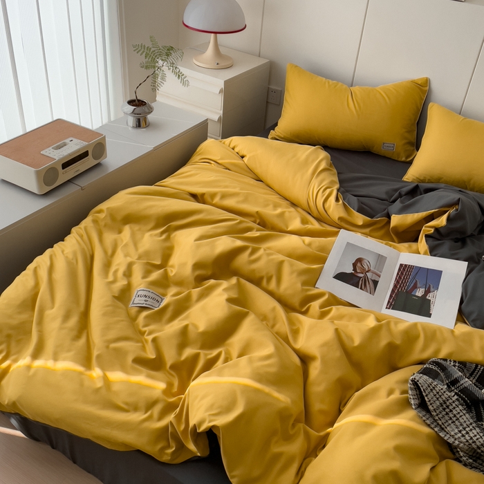 91家纺网 家纺一手货源 找家纺 蓝淋 2024新春款日式简约婴儿可以啃咬的超柔混搭水洗棉四件套 姜黄+深灰