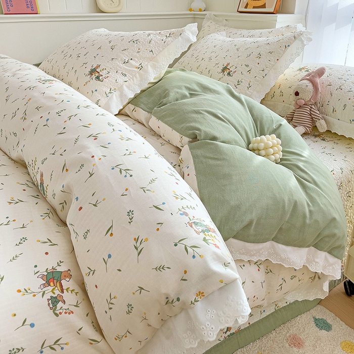 91家纺网 家纺一手货源 找家纺 羽爱家纺 2024新款A类双层纱棉花芯床盖套件 森林兔