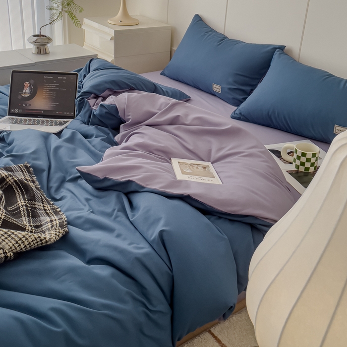 91家纺网 家纺一手货源 找家纺 蓝淋 2024新春款日式简约婴儿可以啃咬的超柔混搭水洗棉四件套 蓝灰+浅紫