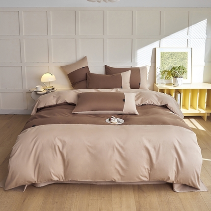 91家纺网 家纺一手货源 找家纺 2024新款13372全棉拼色正拼四件套系列 简尚-棕咖