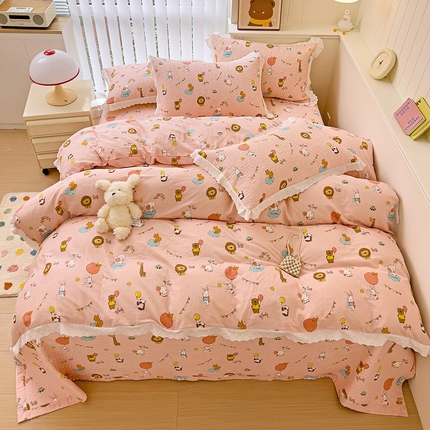 91家纺网 家纺一手货源 找家纺 羽爱家纺 2024新款A类双层纱棉花芯床盖套件 动物园