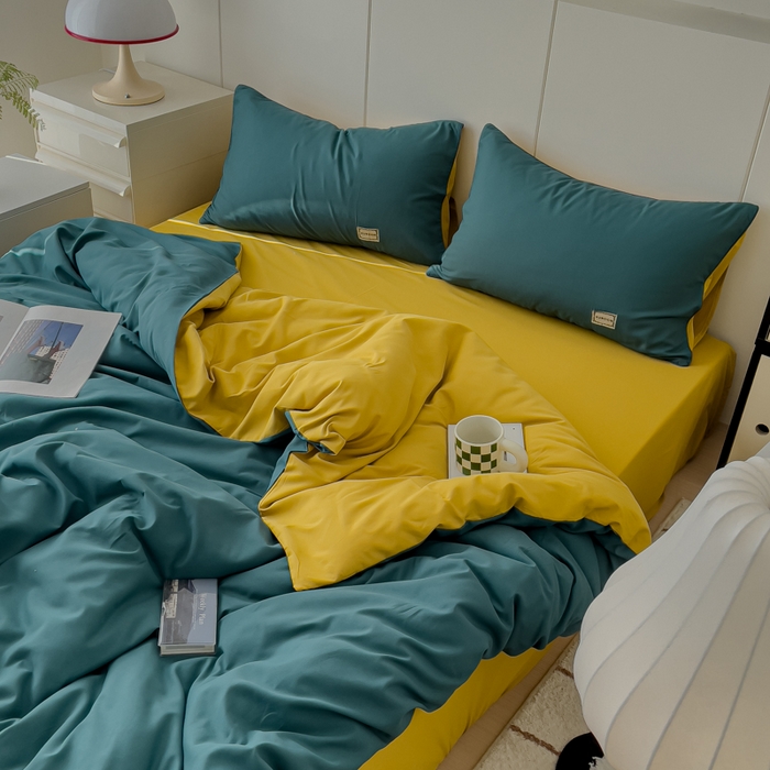 91家纺网 家纺一手货源 找家纺 蓝淋 2024新春款日式简约婴儿可以啃咬的超柔混搭水洗棉四件套 湖蓝+姜黄