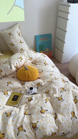 91家纺网 家纺一手货源 找家纺 时年 2024新款全棉双层纱四件套-宝可梦系列 皮卡丘精灵